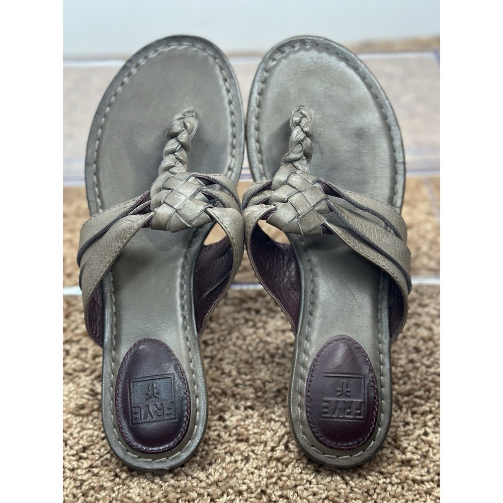 Women's 7.5M Frye Carson Twisted Braided Thong Flat Sandals Gray Leather Slip-On